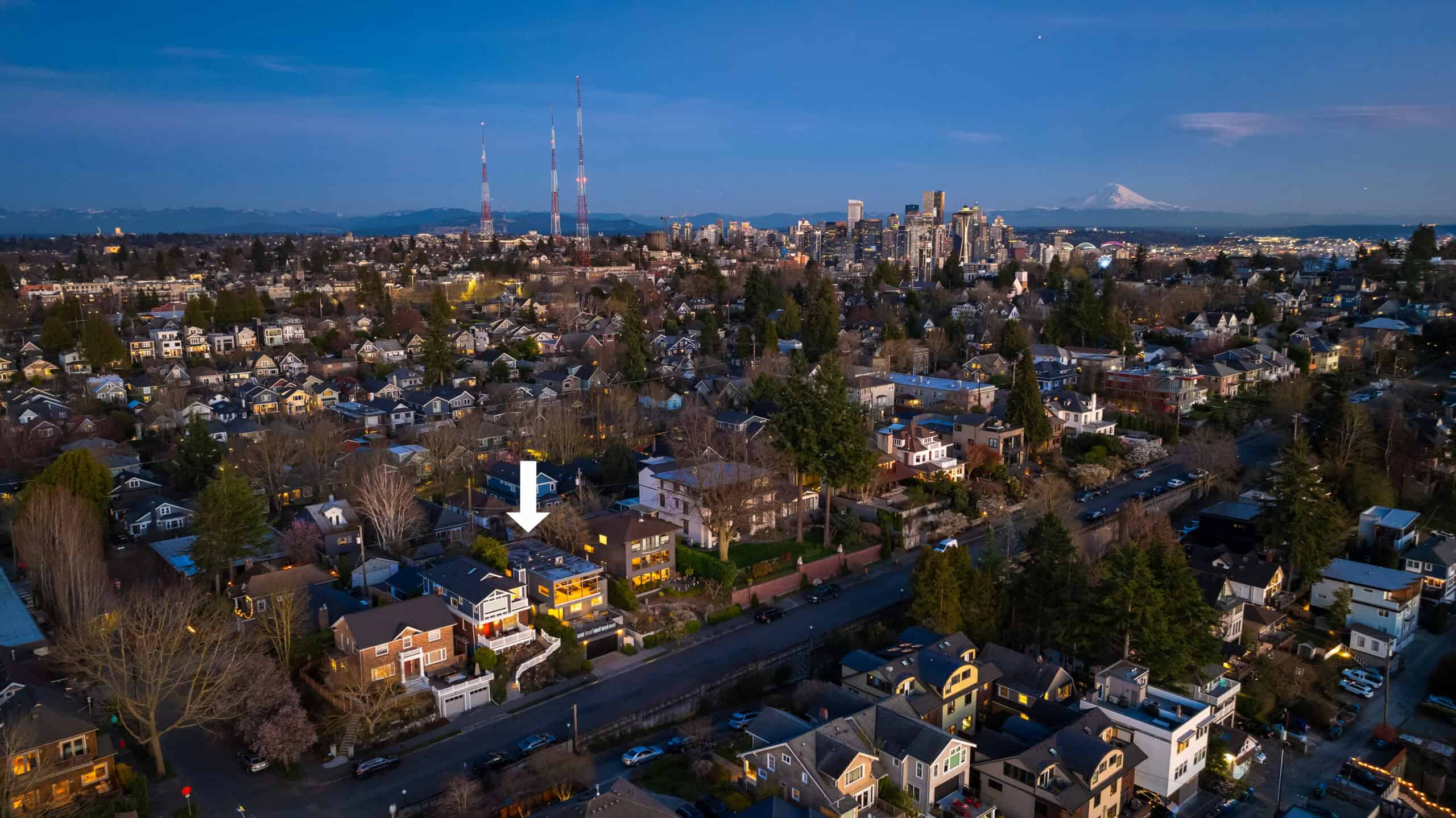 Aerial dusk view at 1948 7th Ave W, Queen Anne — Sold by Elev8 Realty Group