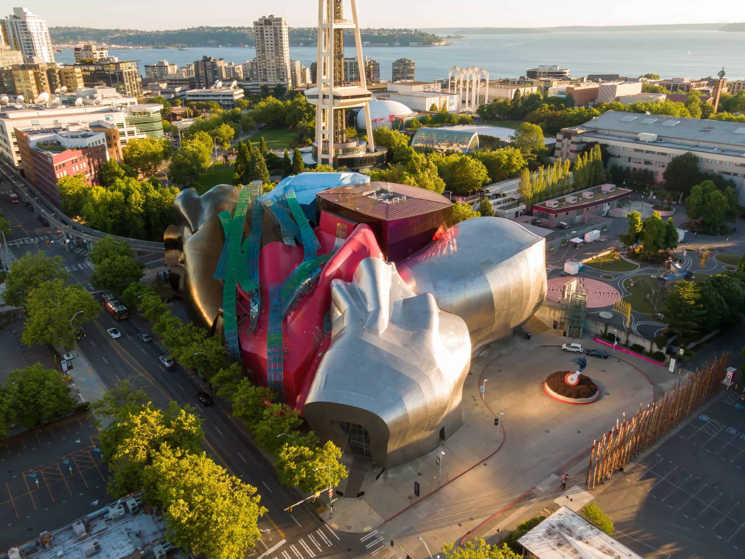 Museum of Pop Culture and Space Needle aerial view from Queen Anne hill, Seattle