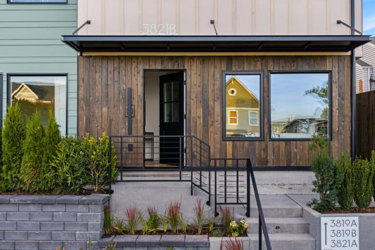 3821 36th Ave SW Unit B front entry and landscaping, new construction by Upper Left Living in West Seattle