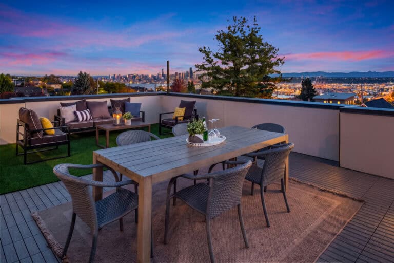 3821 36th Ave SW Unit B rooftop terrace dining with city views, new construction by Upper Left Living in West Seattle
