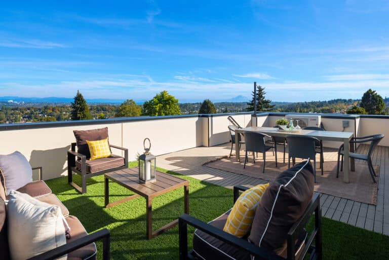3821 36th Ave SW Unit B rooftop deck dining, new construction by Upper Left Living in West Seattle