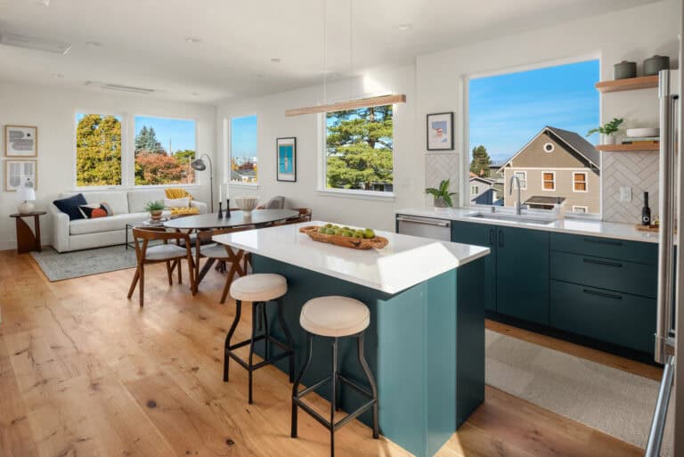 3821 36th Ave SW Unit B kitchen and dining with view windows, new construction by Upper Left Living in West Seattle