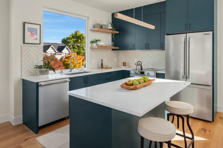 3821 36th Ave SW Unit B kitchen island, new construction by Upper Left Living in West Seattle