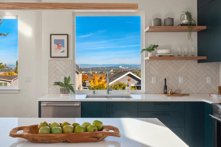 3821 36th Ave SW Unit B kitchen window with Elliott Bay view, new construction by Upper Left Living in West Seattle