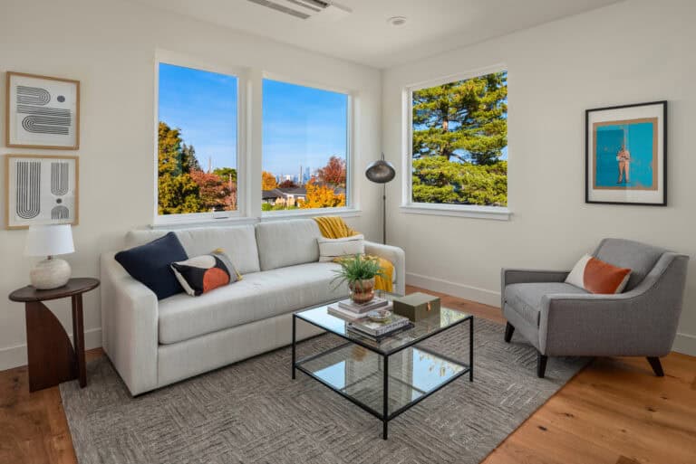 3821 36th Ave SW Unit B living room seating, new construction by Upper Left Living in West Seattle