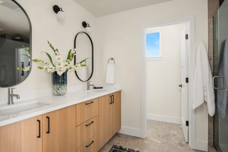 3821 36th Ave SW Unit B primary bath double vanity, new construction by Upper Left Living in West Seattle