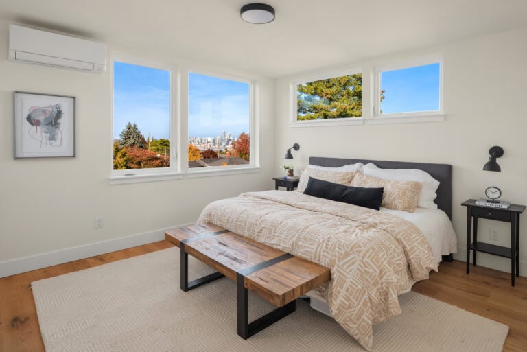 3821 36th Ave SW Unit B primary bedroom, new construction by Upper Left Living in West Seattle