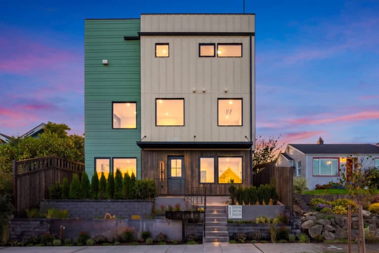 3821 36th Ave SW Unit B exterior at dusk, new construction by Upper Left Living in West Seattle