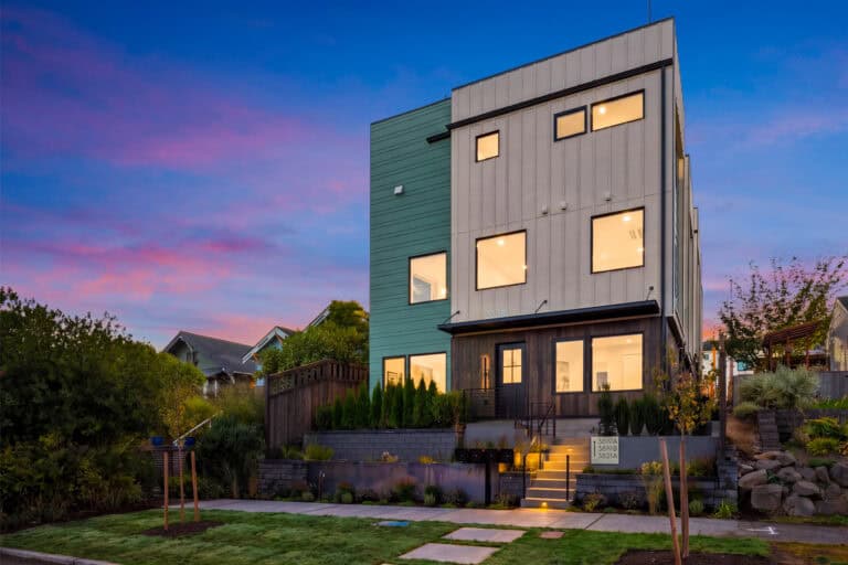 3821 36th Ave SW Unit B exterior at dusk, new construction by Upper Left Living in West Seattle